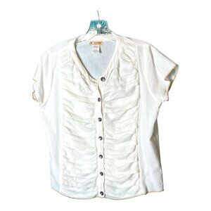 Tribe Off-white button down pleated short sleeve shirt with gold trim. S